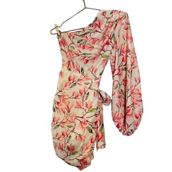 BRONX AND BANCO Layla Floral Pink White One Shoulder Silk Bow Mini Dress Size S - Picture 7 of 14